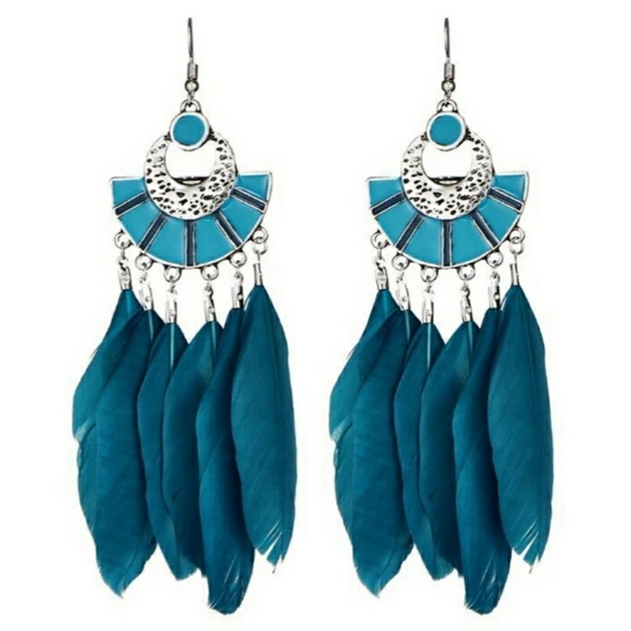 Jewelry - Turquoise Long Feather Earrings